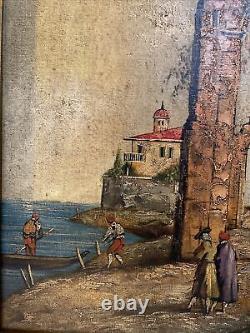 Antiquité. 1934 Peinture à l'huile de paysage urbain architectural italien de Rome, signée.