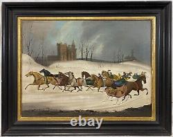 Art populaire américain du XIXe siècle : paysage hivernal avec chevaux et traîneaux - PROVENANCE