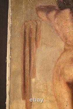 Beau Corps Complet Art Déco Nu Femme Antique Peinture À L'huile Décor Mural