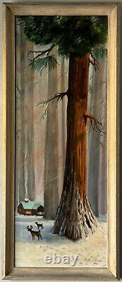 Beau Tableau Ancien de Paysage d'Hiver en Californie sous la Neige, Peinture à l'Huile d'une Vieille Forêt d'Arbres de 1958