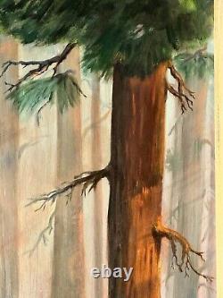 Beau Tableau Ancien de Paysage d'Hiver en Californie sous la Neige, Peinture à l'Huile d'une Vieille Forêt d'Arbres de 1958