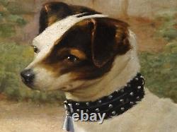 Beau grand portrait de chien Jack Russell Terrier du 19e siècle, peinture à l'huile antique.
