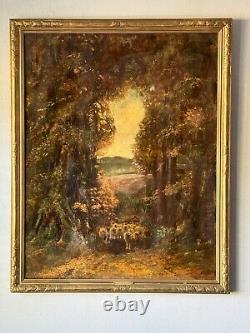 Beau paysage européen impressionniste du XIXe siècle, peinture à l'huile ancienne de 1800.