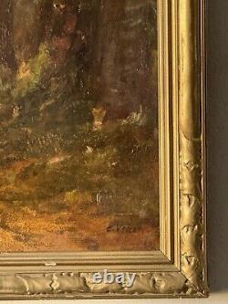Beau paysage européen impressionniste du XIXe siècle, peinture à l'huile ancienne de 1800.