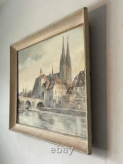 Beau tableau ancien à l'huile de paysage de la vieille cathédrale de Ratisbonne, Allemagne 1959.