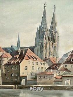 Beau tableau ancien à l'huile de paysage de la vieille cathédrale de Ratisbonne, Allemagne 1959.