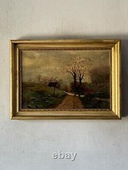 Beau tableau ancien de paysage européen impressionniste du 19ème siècle, vieille peinture à l'huile de 1880.