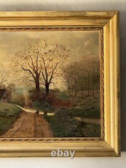 Beau tableau ancien de paysage européen impressionniste du 19ème siècle, vieille peinture à l'huile de 1880.