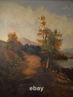 Beautiful Peinture À L'huile Antique Mt. Paysage Avec Château, Grand, De Londres, Fine