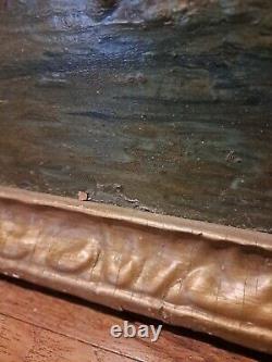 Cadre en bois de gesso ancien et vintage avec peinture à l'huile originale réaliste à réparer.