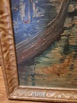 Cadre en bois de gesso ancien et vintage, peinture à l'huile originale de réalisme à réparer.