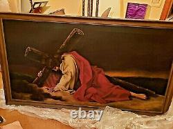Église catholique - Grande peinture à l'huile ancienne représentant Jésus-Christ portant la croix