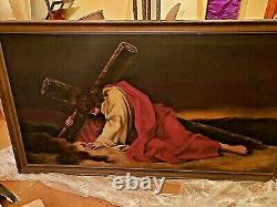 Église catholique - Grande peinture à l'huile ancienne représentant Jésus-Christ portant la croix