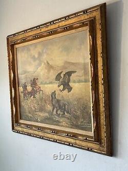 Elemer Kovacs Antique Western Oil Painting Vintage Hungarian Hunting Wild Des Années 1960