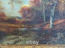 Énorme Antique Forest River Scene Peinture À L'huile Or Encadré M. Allister Vtg Rare