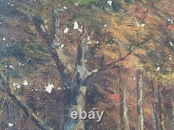 Énorme Antique Forest River Scene Peinture À L'huile Or Encadré M. Allister Vtg Rare