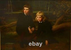Énorme peinture à l'huile sur toile du XIXe siècle représentant deux enfants et un paysage ancien