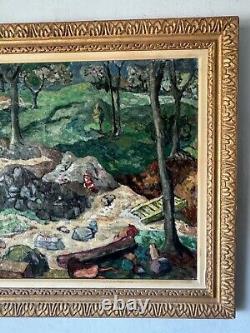 FINE ANTIQUE FIGURATIVE LANDSCAPE OIL PAINTING VINTAGE MODERN FAUVISM WPA 1940s 	
<br/> 
<br/> TRANSLATION: BEAU TABLEAU À L'HUILE DE PAYSAGE FIGURATIF ANTIQUE VINTAGE MODERNE FAUVISME WPA DES ANNÉES 1940