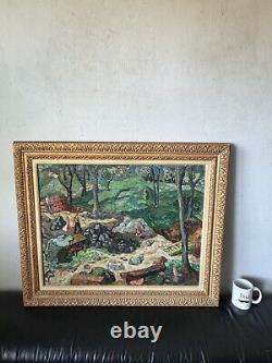 FINE ANTIQUE FIGURATIVE LANDSCAPE OIL PAINTING VINTAGE MODERN FAUVISM WPA 1940s<br/>	<br/>TRANSLATION: BEAU TABLEAU À L'HUILE DE PAYSAGE FIGURATIF ANTIQUE VINTAGE MODERNE FAUVISME WPA DES ANNÉES 1940