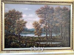 Fantastiquement Belle Antique Grand Paysage Oil / Canvas Cadre D'origine