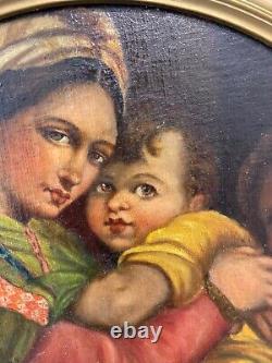Fine Antique 19ème C. Peinture À L'huile Du Vieux Maître Italien Madonna, Après Raphaël