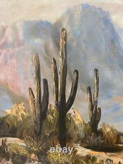 Fine Antique Old Arizona Plein Air Desert Paysage Peinture À L'huile, Signé'40s
