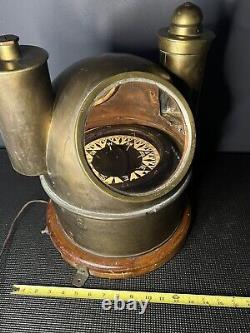 GRAND Compas de Navire Antique CONVERTI en Lampe à Double Huile BINNACLE en Bronze/Laiton