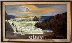 GRAND TABLEAU ANTIQUE EUROPEEN DE PAYSAGE MARIN COTIER A L'HUILE, ANCIEN VINTAGE DE LA COTE DES ANNEES 1960