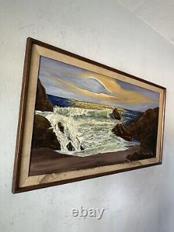 GRAND TABLEAU ANTIQUE EUROPEEN DE PAYSAGE MARIN COTIER A L'HUILE, ANCIEN VINTAGE DE LA COTE DES ANNEES 1960