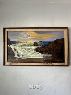 GRAND TABLEAU ANTIQUE EUROPEEN DE PAYSAGE MARIN COTIER A L'HUILE, ANCIEN VINTAGE DE LA COTE DES ANNEES 1960