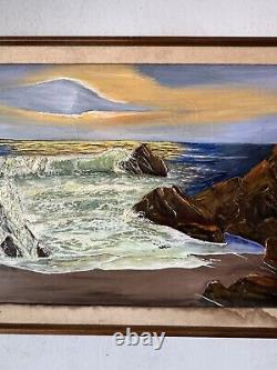 GRAND TABLEAU ANTIQUE EUROPEEN DE PAYSAGE MARIN COTIER A L'HUILE, ANCIEN VINTAGE DE LA COTE DES ANNEES 1960