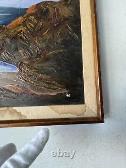 GRAND TABLEAU ANTIQUE EUROPEEN DE PAYSAGE MARIN COTIER A L'HUILE, ANCIEN VINTAGE DE LA COTE DES ANNEES 1960