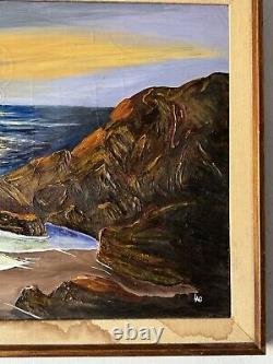 GRAND TABLEAU ANTIQUE EUROPEEN DE PAYSAGE MARIN COTIER A L'HUILE, ANCIEN VINTAGE DE LA COTE DES ANNEES 1960