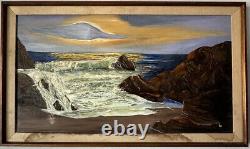 GRAND TABLEAU ANTIQUE EUROPEEN DE PAYSAGE MARIN COTIER A L'HUILE, ANCIEN VINTAGE DE LA COTE DES ANNEES 1960