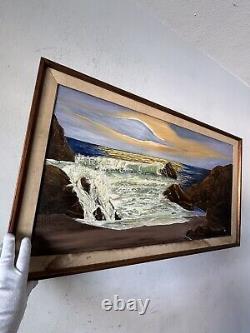 GRAND TABLEAU ANTIQUE EUROPEEN DE PAYSAGE MARIN COTIER A L'HUILE, ANCIEN VINTAGE DE LA COTE DES ANNEES 1960