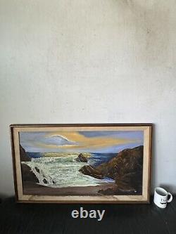 GRAND TABLEAU ANTIQUE EUROPEEN DE PAYSAGE MARIN COTIER A L'HUILE, ANCIEN VINTAGE DE LA COTE DES ANNEES 1960