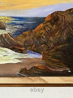 GRAND TABLEAU ANTIQUE EUROPEEN DE PAYSAGE MARIN COTIER A L'HUILE, ANCIEN VINTAGE DE LA COTE DES ANNEES 1960