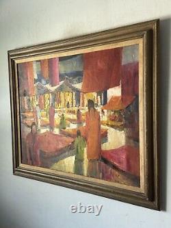 GRANDE PEINTURE À L'HUILE FIGURATIVE ABSTRAITE MODERNE ANTIQUE VINTAGE VIEILLE CUBISME DES ANNÉES 1960