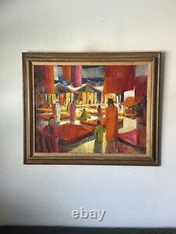 GRANDE PEINTURE À L'HUILE FIGURATIVE ABSTRAITE MODERNE ANTIQUE VINTAGE VIEILLE CUBISME DES ANNÉES 1960