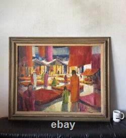 GRANDE PEINTURE À L'HUILE FIGURATIVE ABSTRAITE MODERNE ANTIQUE VINTAGE VIEILLE CUBISME DES ANNÉES 1960