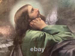 Grand 40x30 Antique 19èmec Portrait De Jésus Christ Prier À La Nuit Vieux Maître
