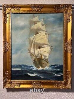 Grand Antique T. Bailey Peinture À L'huile Originale Sur Toile Navire Sur L'océan
