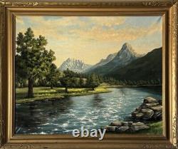 Grand antique Utah Mount Timpanogos Rivière Lac Paysage Peinture à l'huile vieille 1954