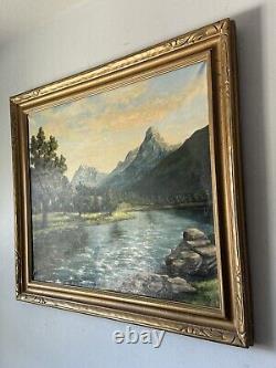 Grand antique Utah Mount Timpanogos Rivière Lac Paysage Peinture à l'huile vieille 1954