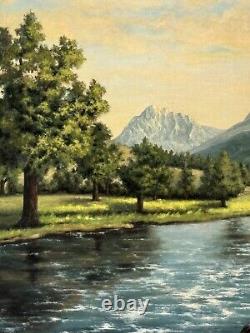 Grand antique Utah Mount Timpanogos Rivière Lac Paysage Peinture à l'huile vieille 1954