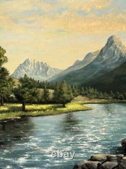 Grand antique Utah Mount Timpanogos Rivière Lac Paysage Peinture à l'huile vieille 1954