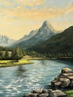 Grand antique Utah Mount Timpanogos Rivière Lac Paysage Peinture à l'huile vieille 1954