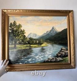 Grand antique Utah Mount Timpanogos Rivière Lac Paysage Peinture à l'huile vieille 1954