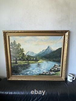 Grand antique Utah Mount Timpanogos Rivière Lac Paysage Peinture à l'huile vieille 1954