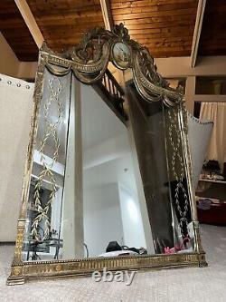 Grand miroir ancien de style français avec peinture à l'huile